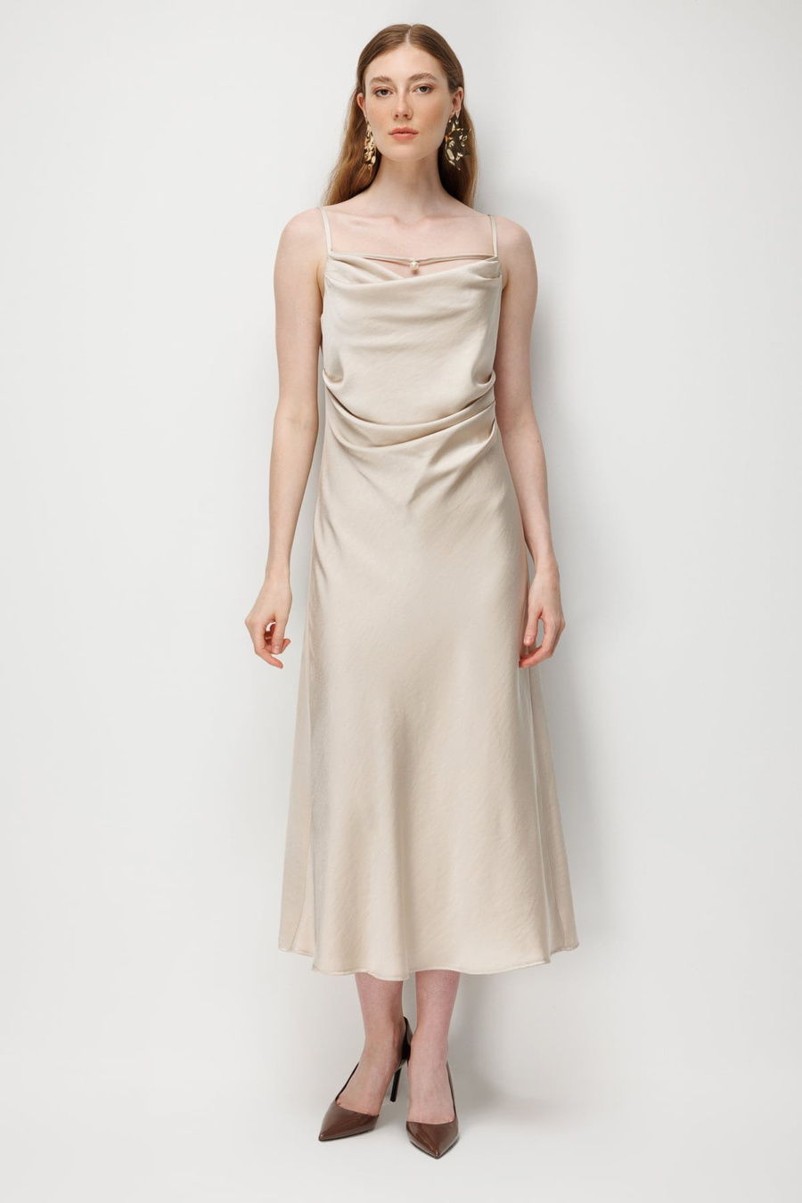 Ekol Drape Detaylı Askılı Maxi Elbise Gold