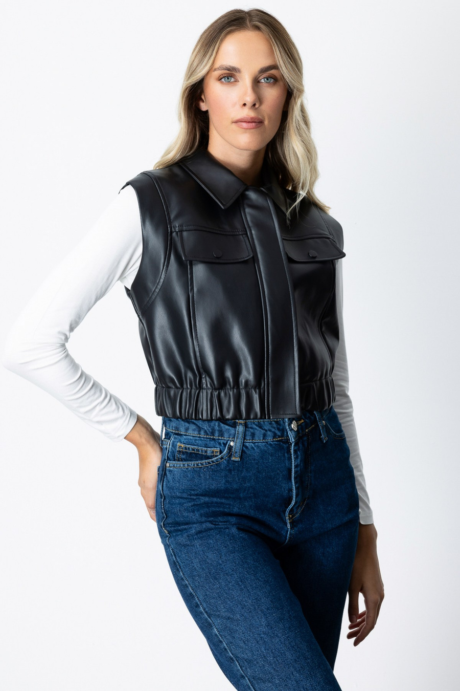 Ekol Kolsuz Deri Crop Yelek Siyah