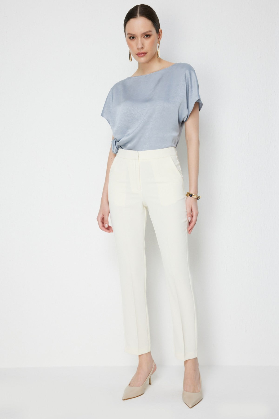 Ekol Yan Cepli Dar Paça Pantolon Ekru