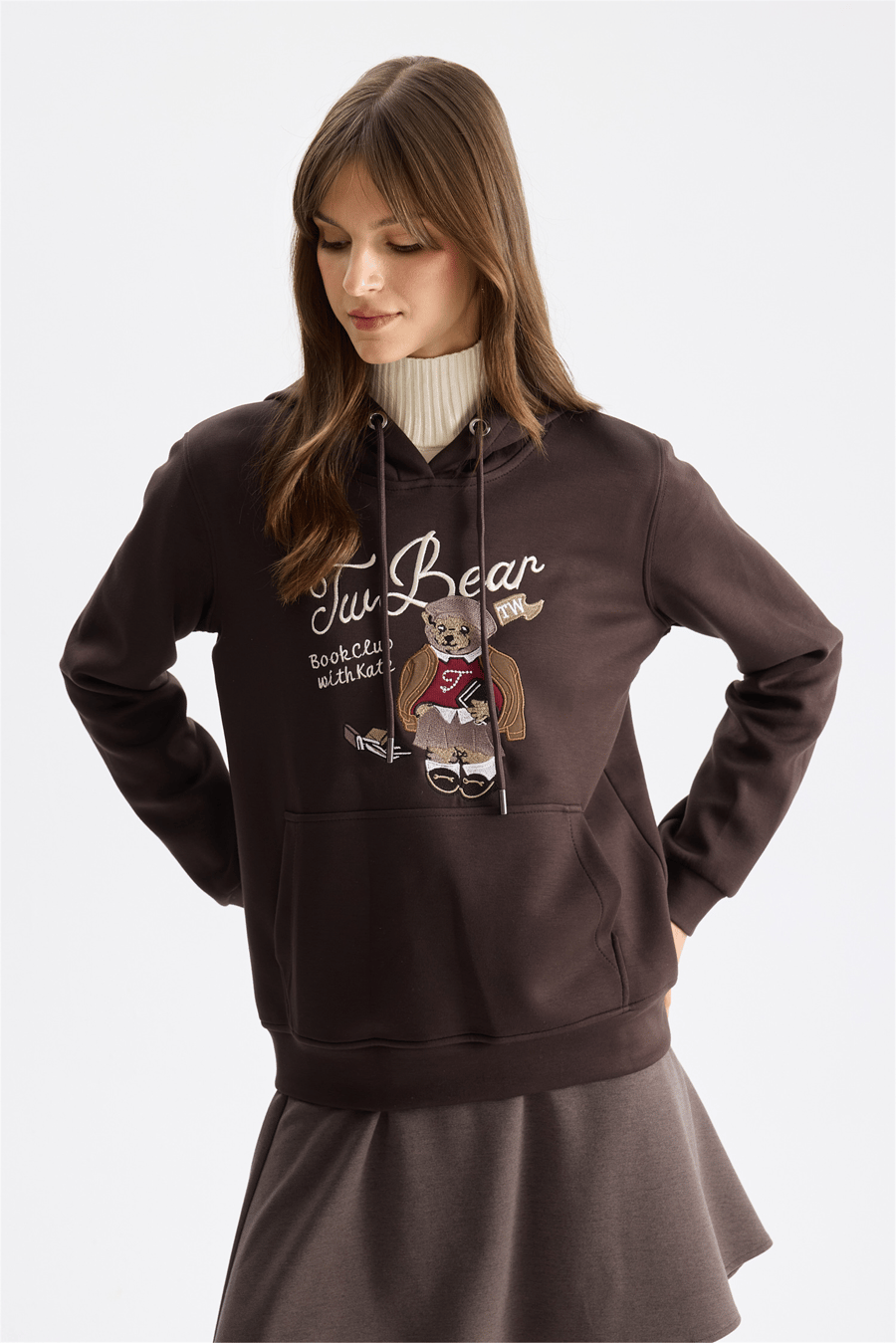 On Ayıcık Baskılı Kapüşonlu Sweatshirt Kahve