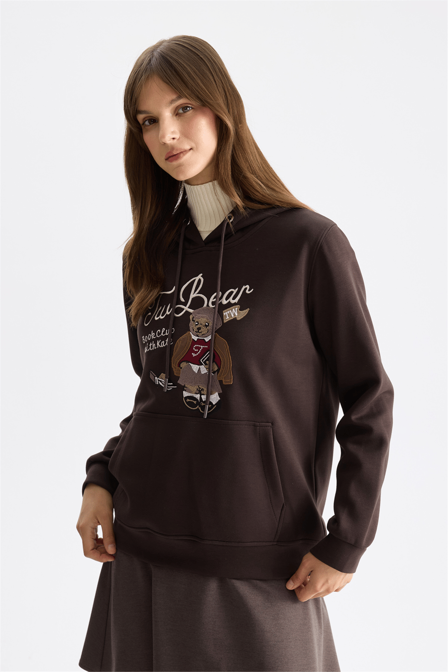 On Ayıcık Baskılı Kapüşonlu Sweatshirt Kahve