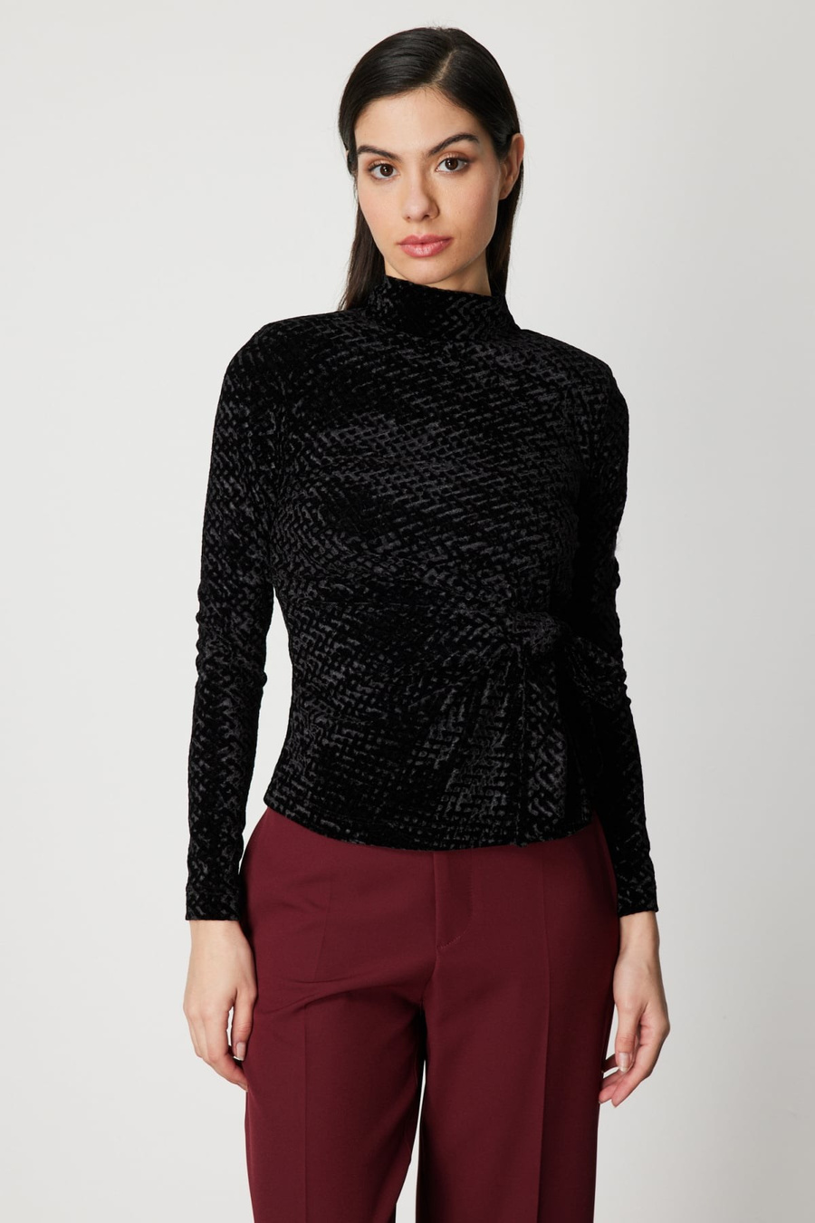On Beli Bağlamalı Dokulu Bluz Black