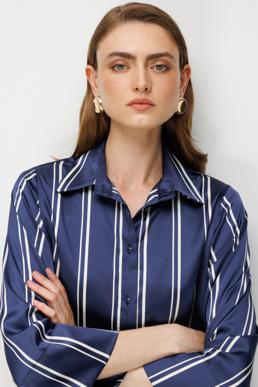 On Çizgi Desenli Yarım Kollu Gömlek Laci Ekru