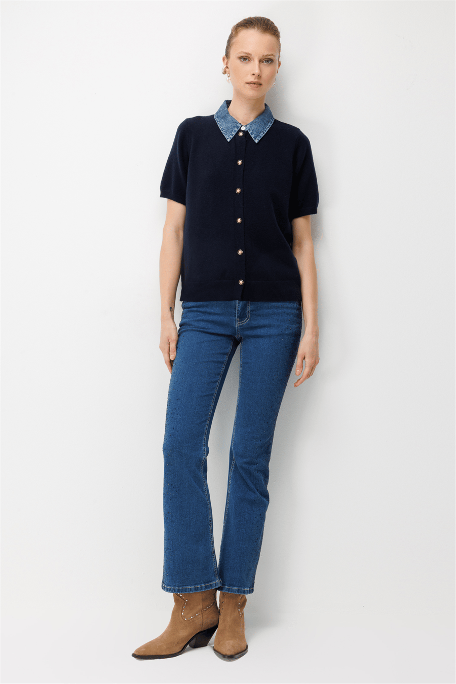 On Denim Detaylı Kısa Kollu Triko Hırka Lacivert