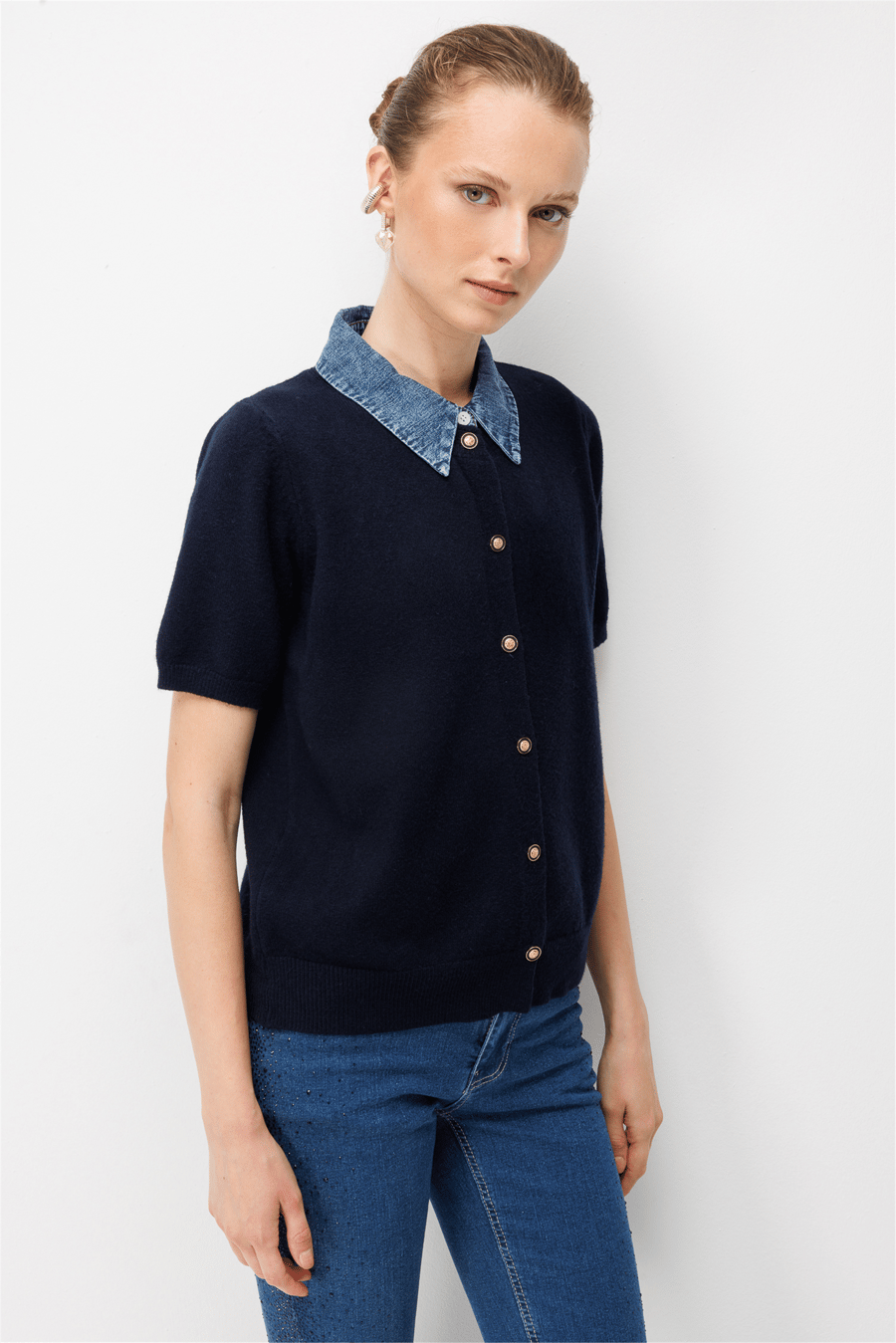 On Denim Detaylı Kısa Kollu Triko Hırka Lacivert