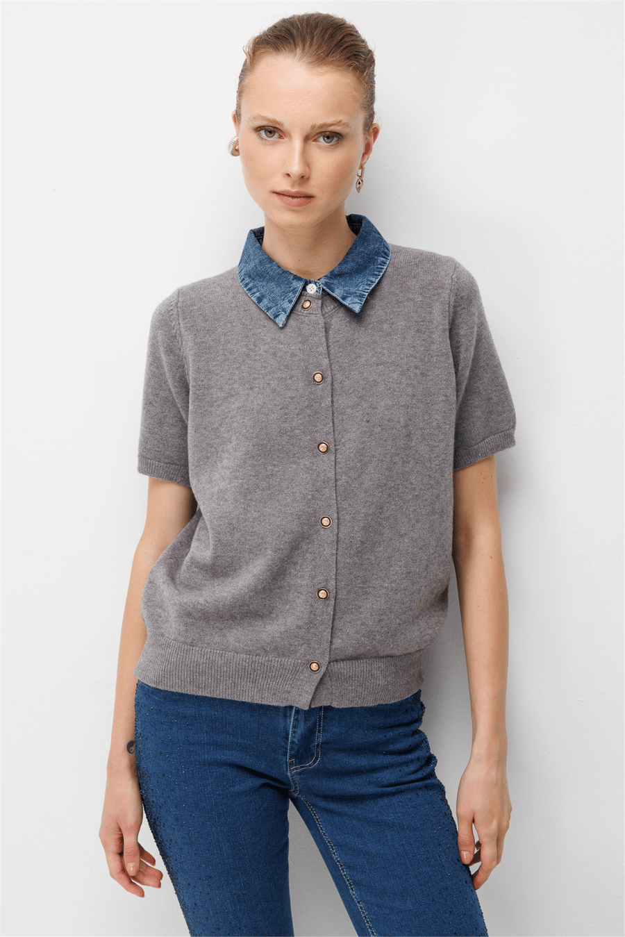 On Denim Detaylı Kısa Kollu Triko Hırka Gri