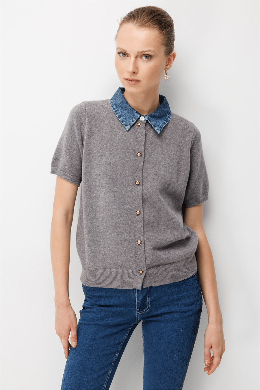 On Denim Detaylı Kısa Kollu Triko Hırka Gri
