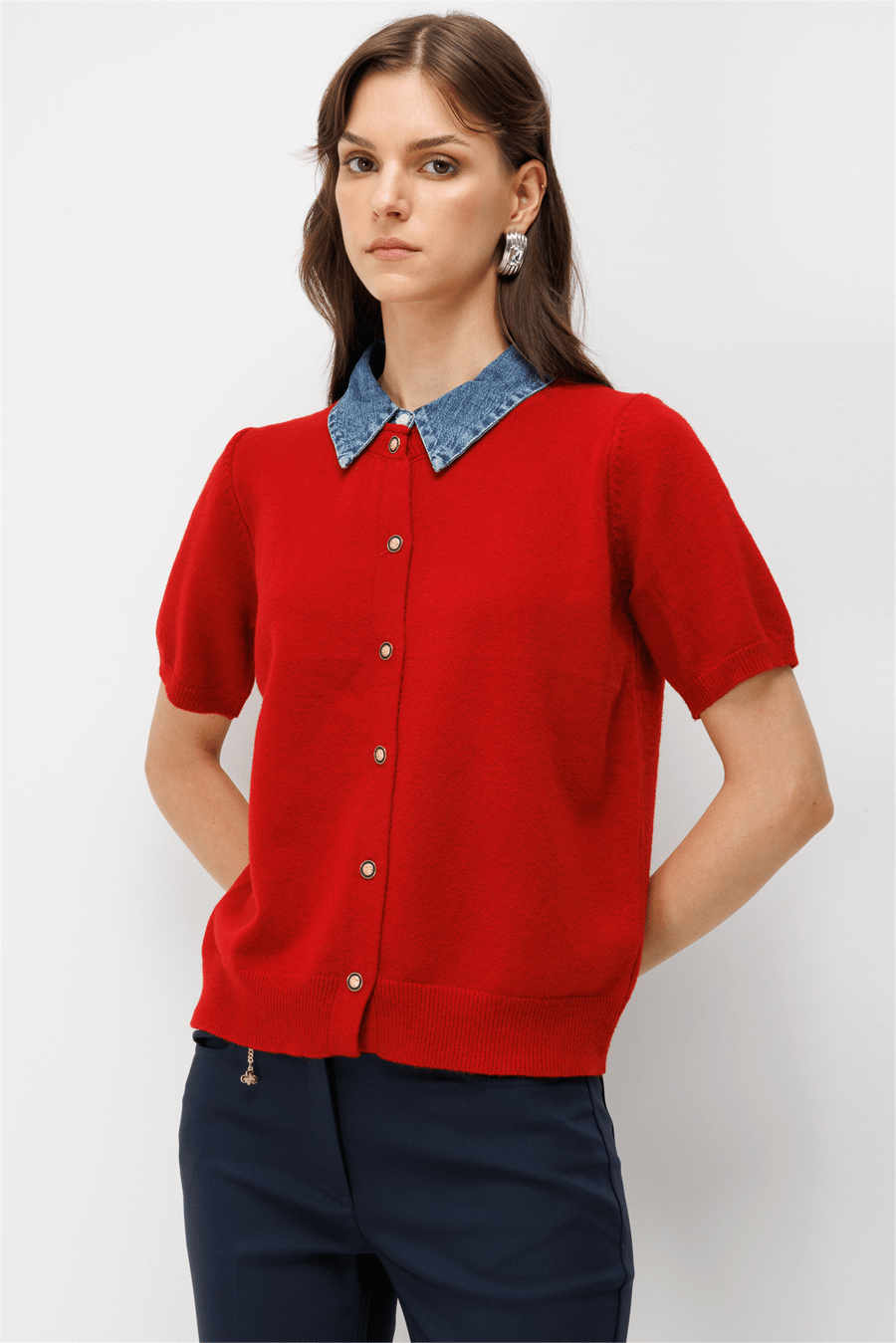 On Denim Detaylı Kısa Kollu Triko Hırka Kırmızı