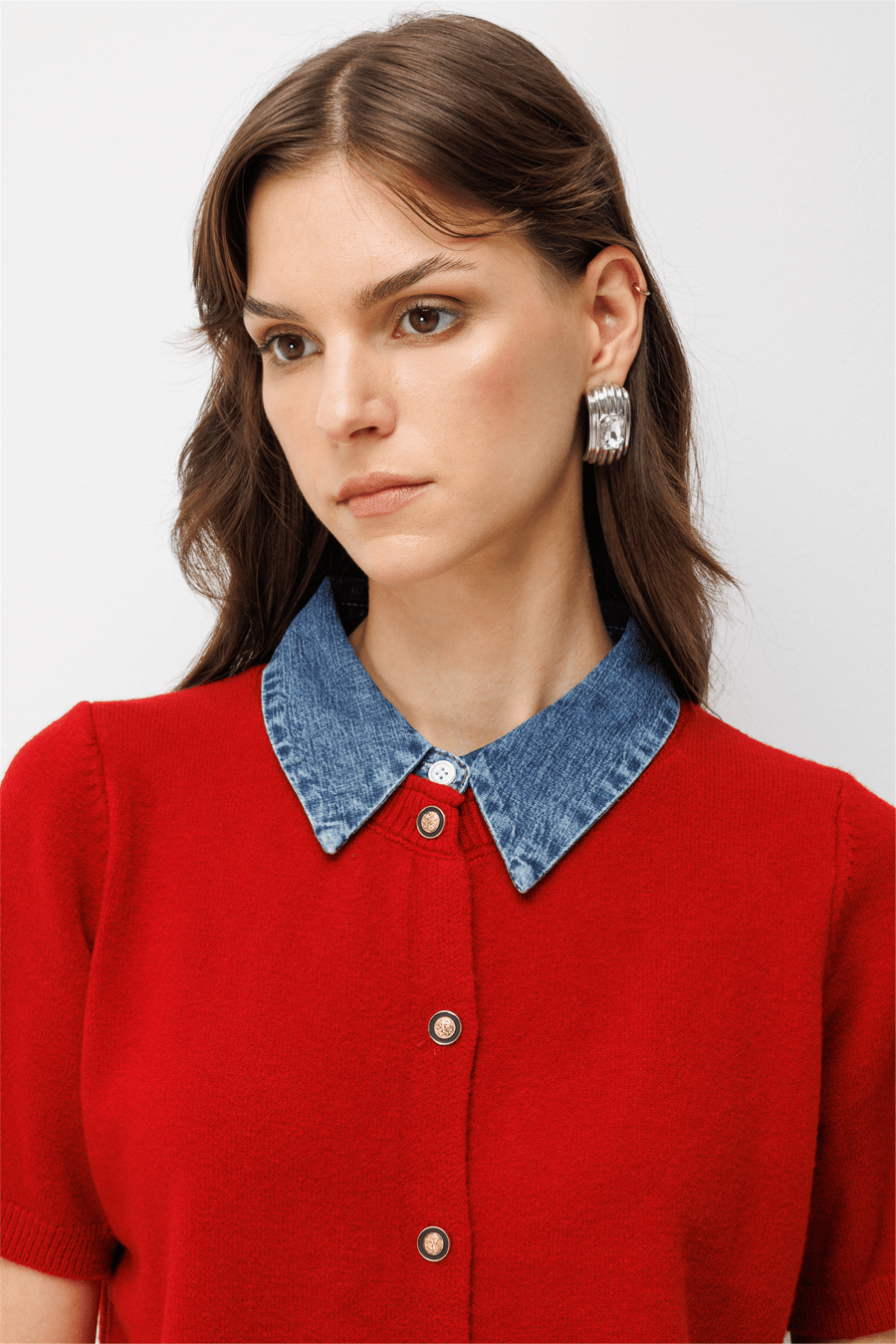 On Denim Detaylı Kısa Kollu Triko Hırka Kırmızı