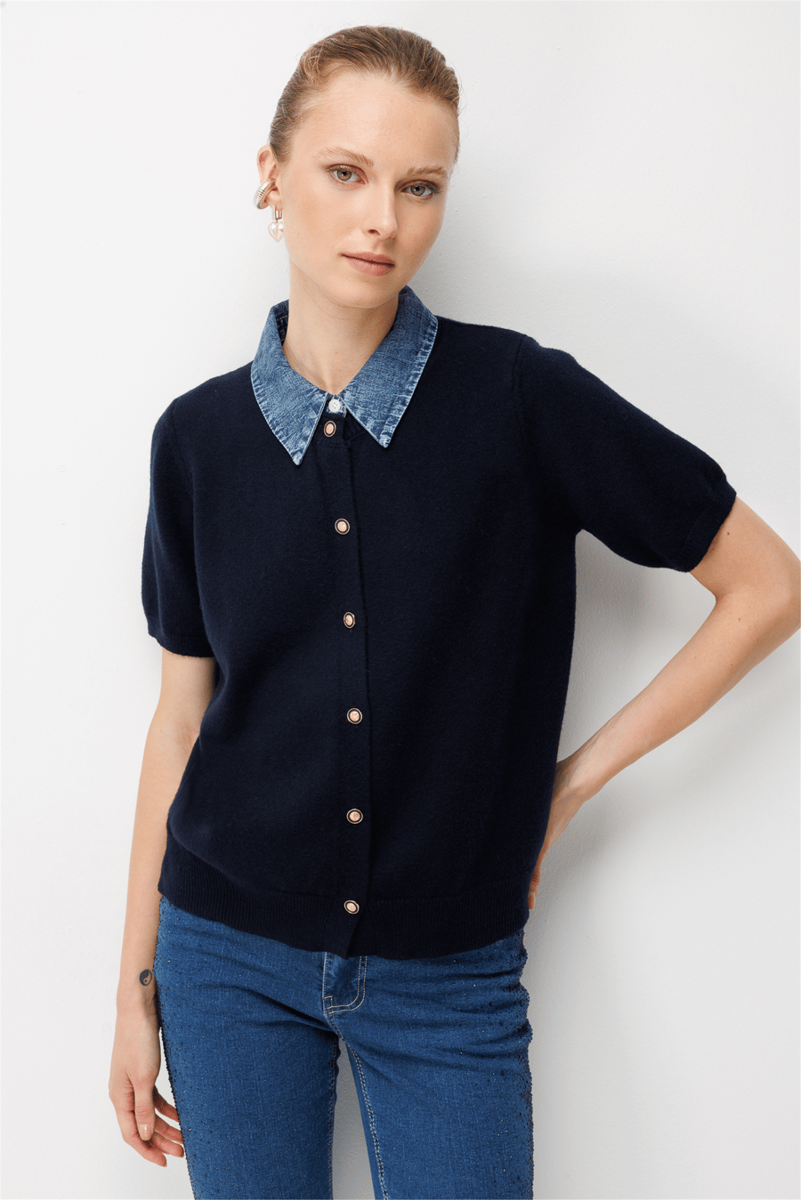 On Denim Detaylı Kısa Kollu Triko Hırka Lacivert