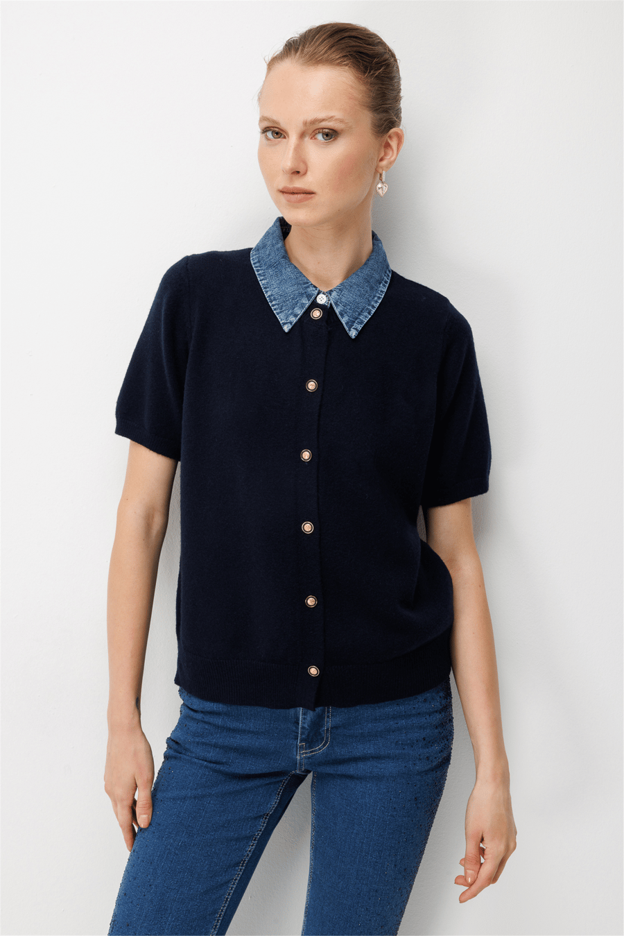 On Denim Detaylı Kısa Kollu Triko Hırka Lacivert
