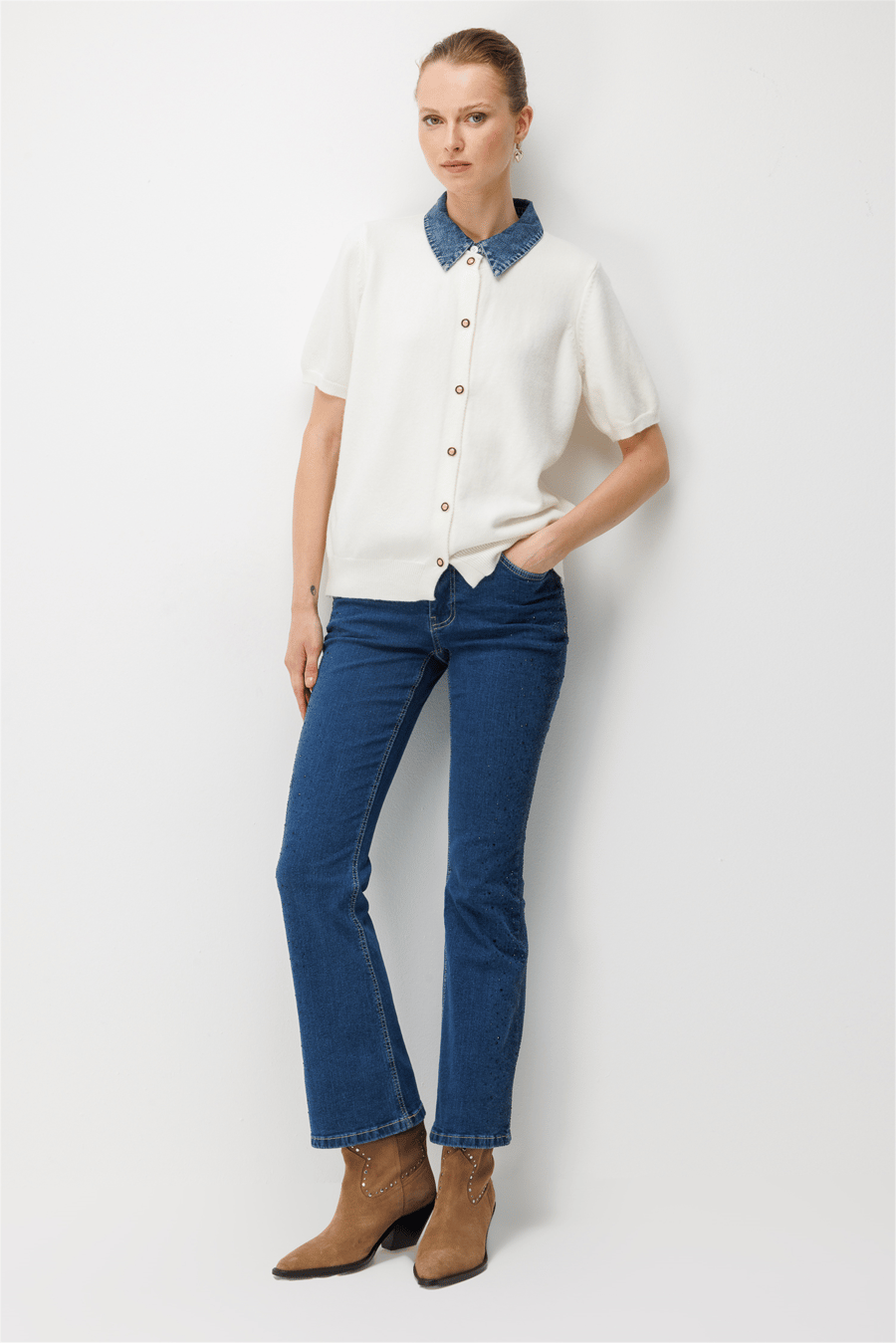 On Denim Detaylı Kısa Kollu Triko Hırka Ekru