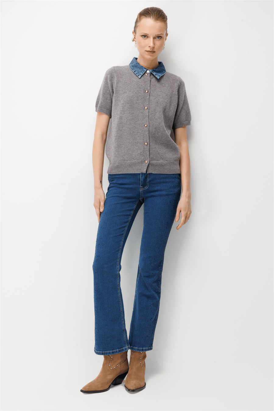 On Denim Detaylı Kısa Kollu Triko Hırka Gri