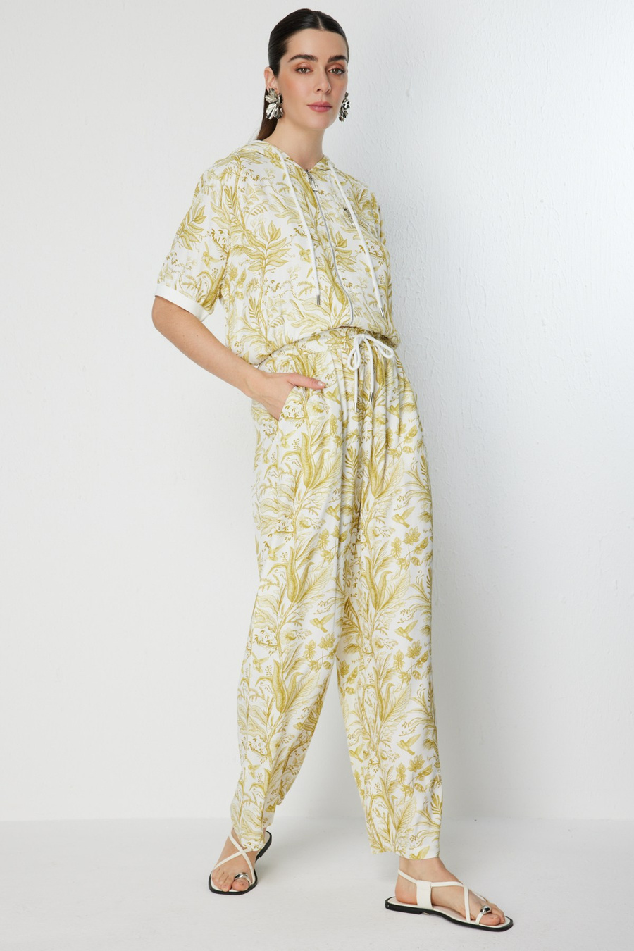 On Desenli Bol Paça Pantolon Olive