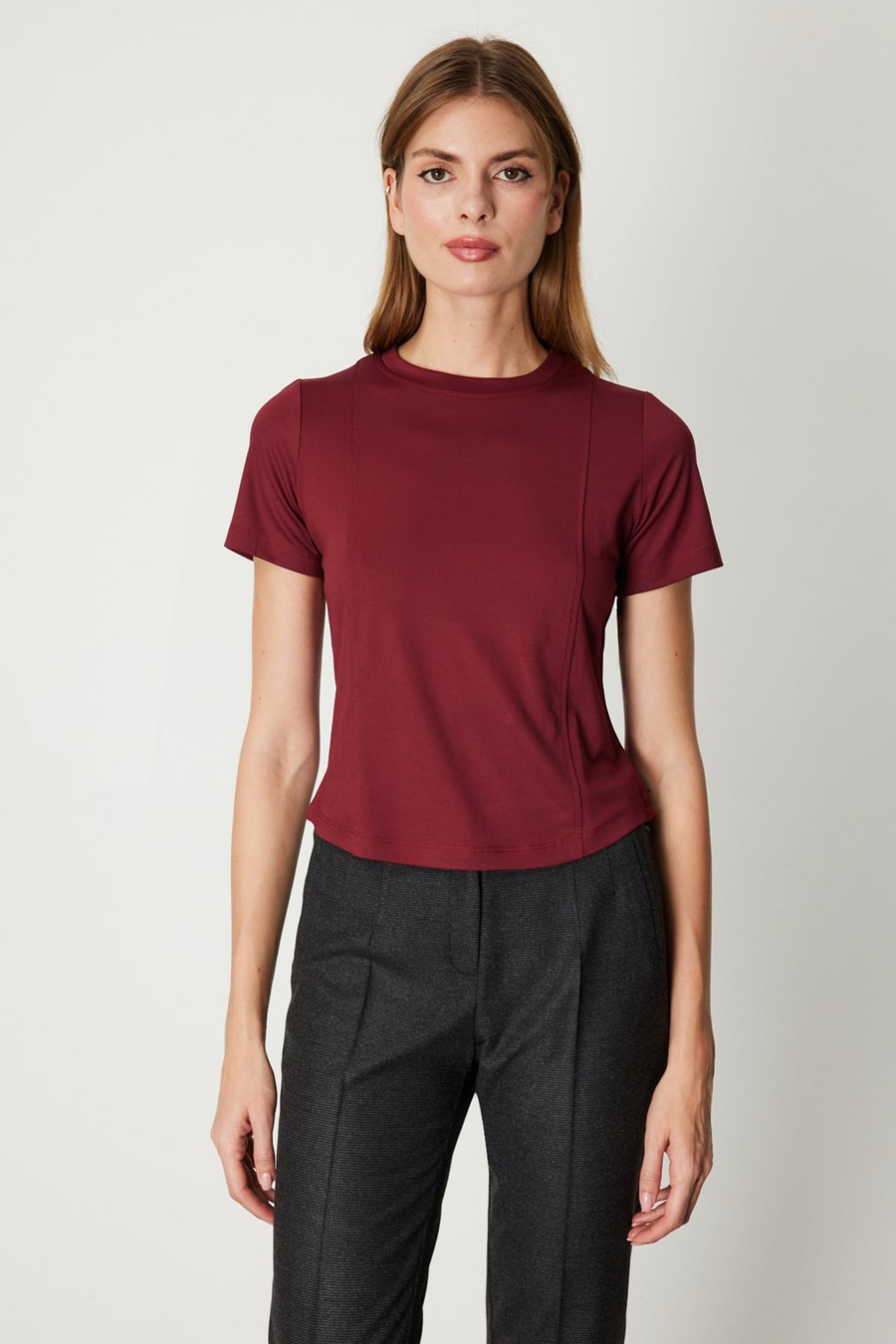 On Dikiş Detaylı Basic Bluz Bordo