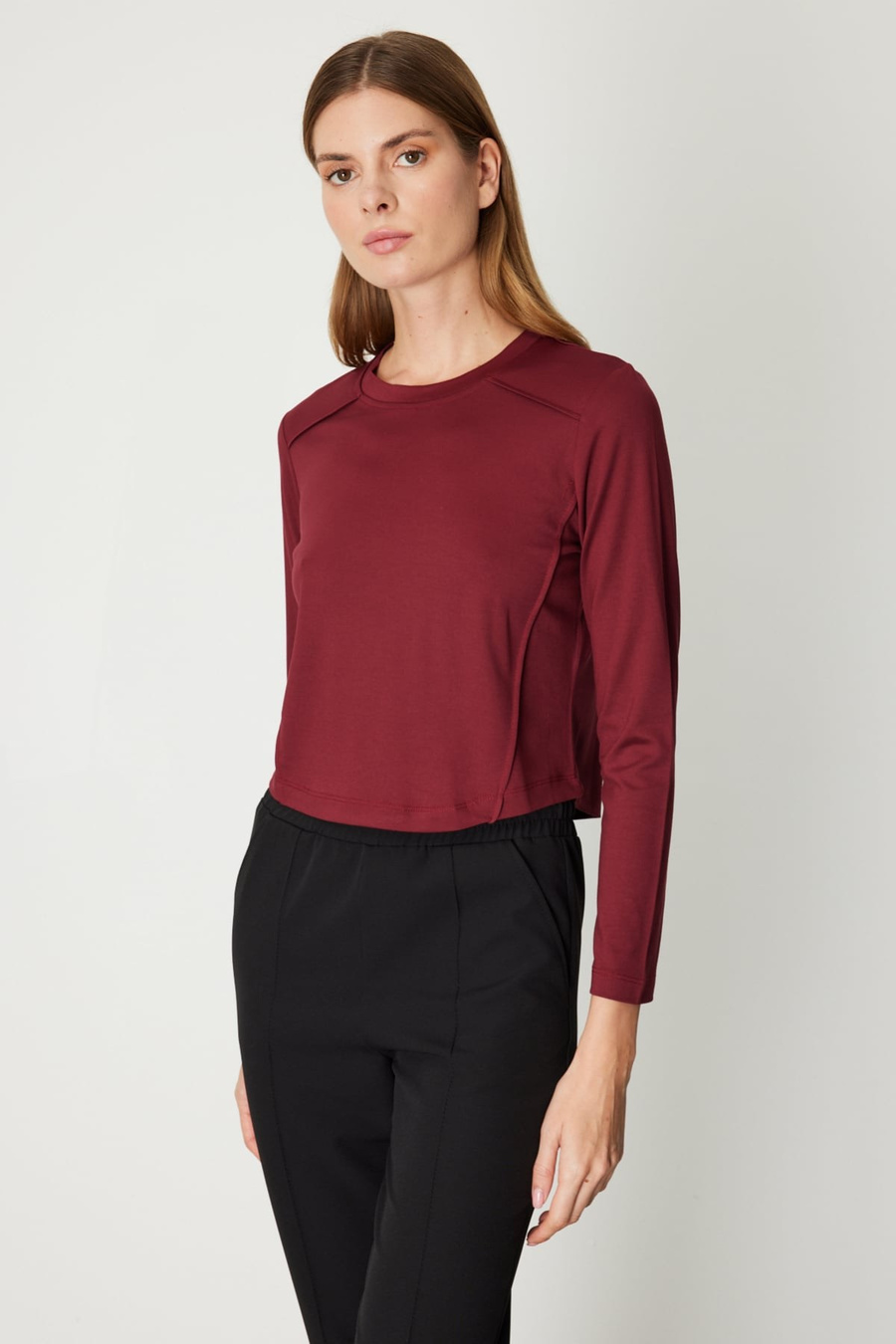On Dikiş Detaylı Basic Crop Bluz Bordo