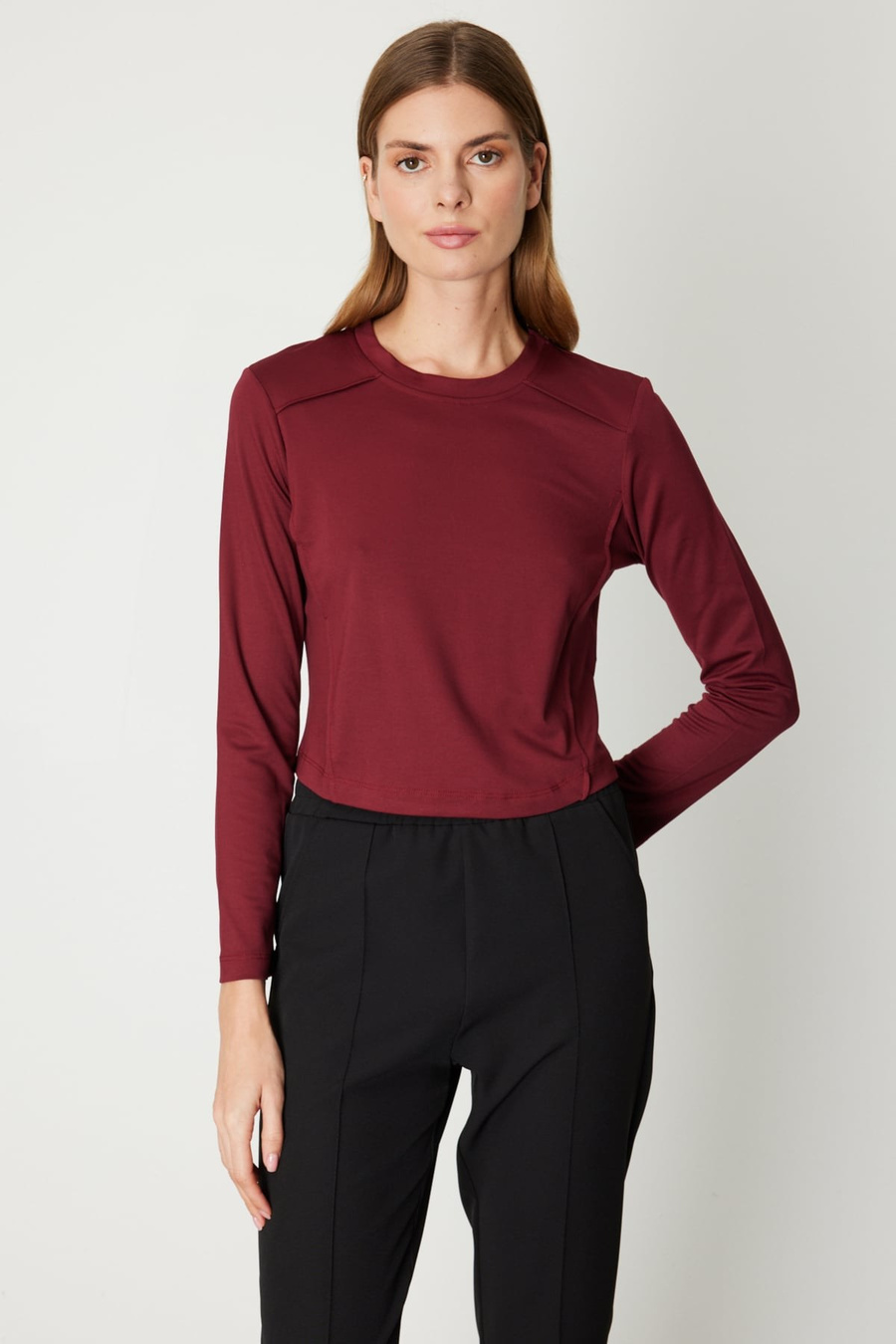 On Dikiş Detaylı Basic Crop Bluz Bordo
