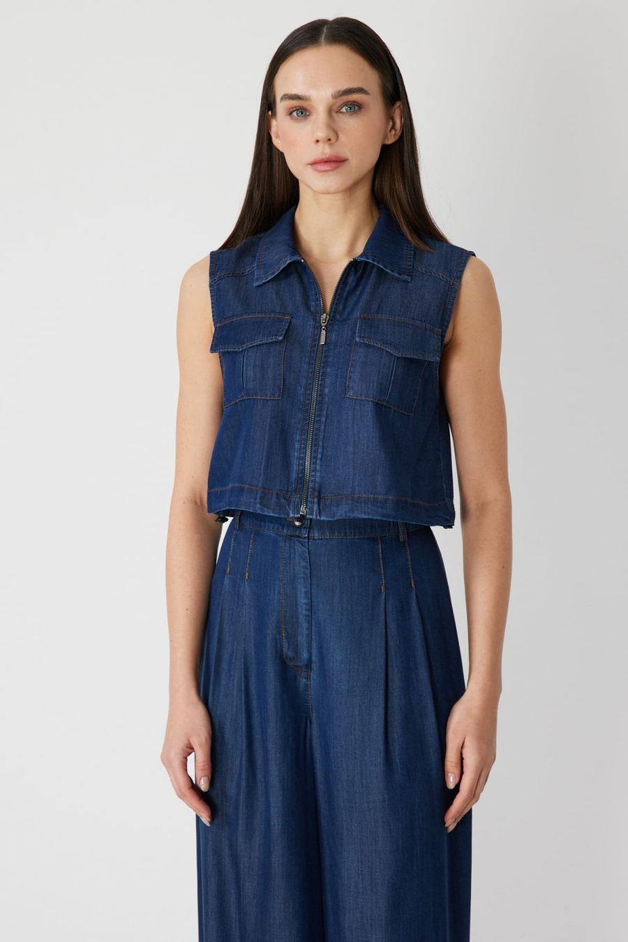 On Kapak Cepli Crop Yelek İndigo