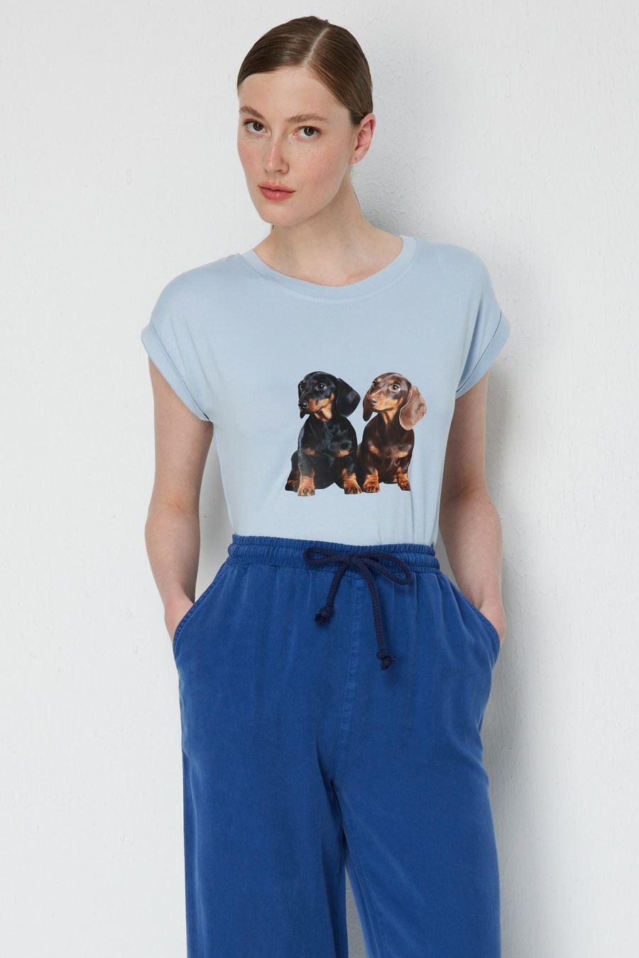 On Köpek Baskılı Kısa Kollu Bluz Mavi