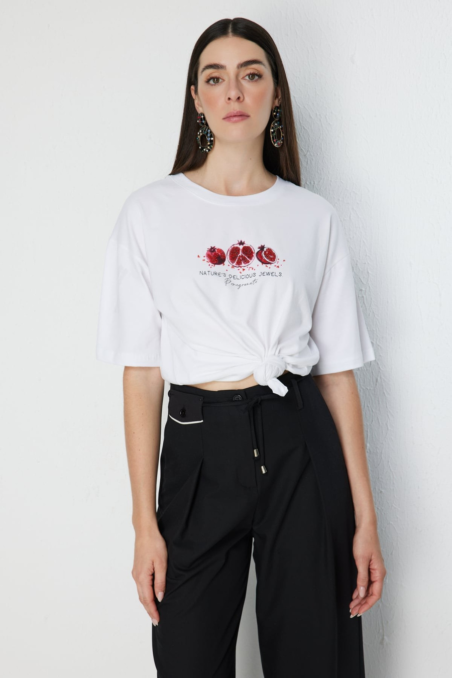 On Nar Baskılı Oversize Pamuk Bluz Beyaz