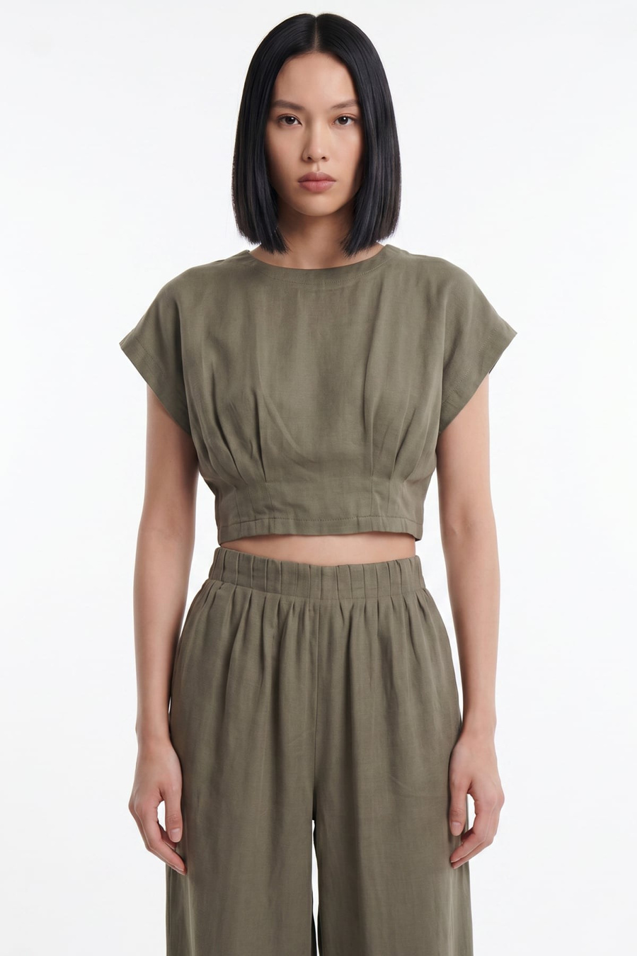 On Pile Detaylı Crop Bluz Haki