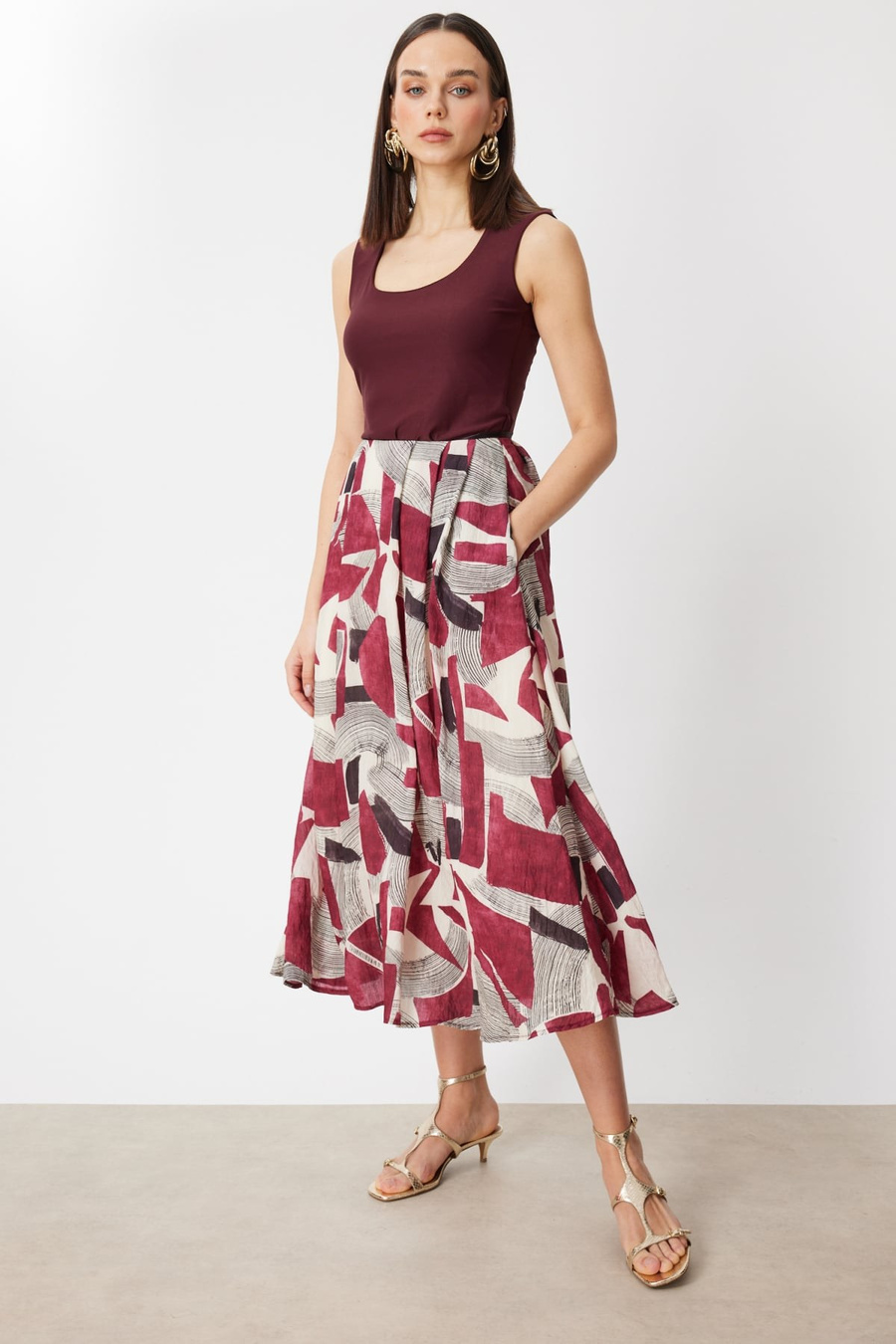 On Pileli Desenli Maxi Etek Bordo