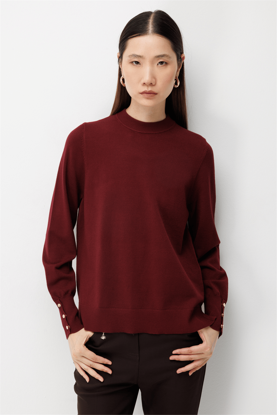 On Sıfır Yaka Basic Triko Kazak Bordo