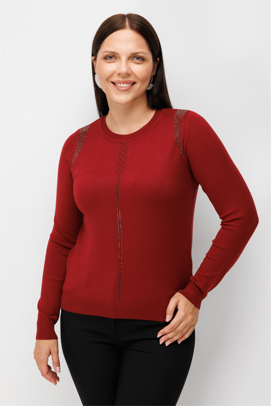 On Sıfır Yaka Taş İşlemeli Triko Kazak Bordo