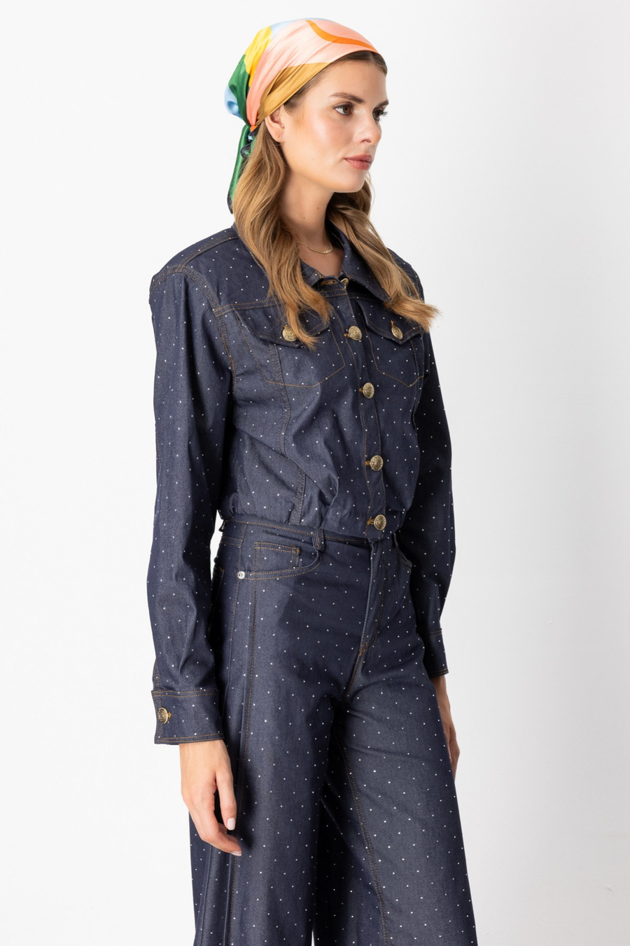 On Taş Detaylı Crop Ceket İndigo