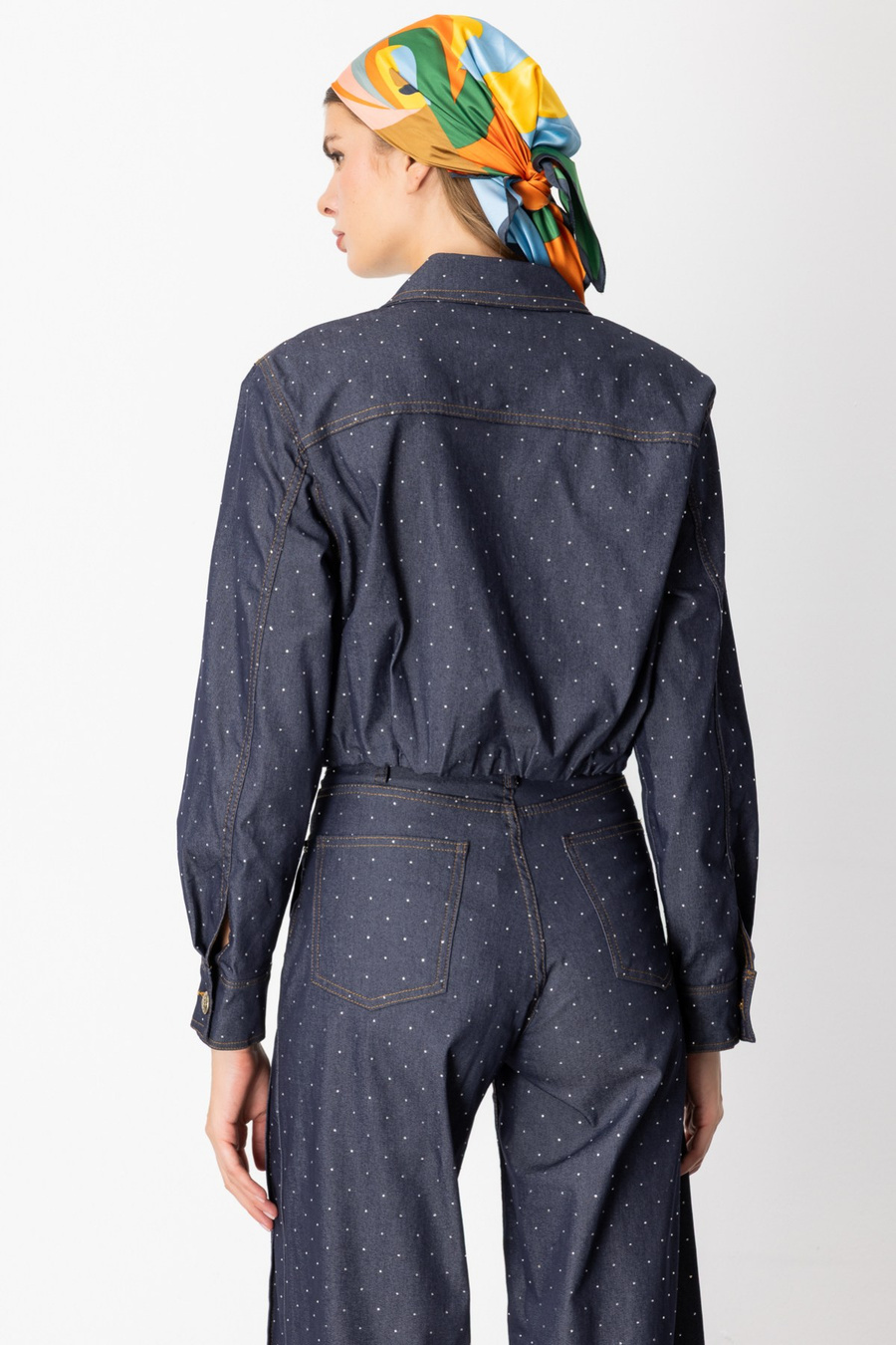 On Taş Detaylı Crop Ceket İndigo
