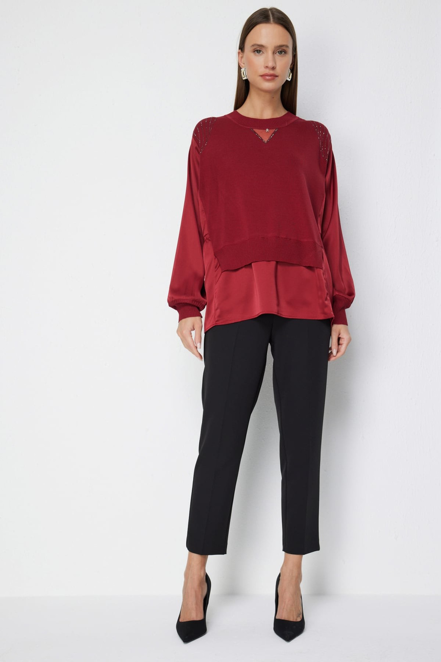 On Taş İşlemeli Mix Kumaşlı Bluz Bordo