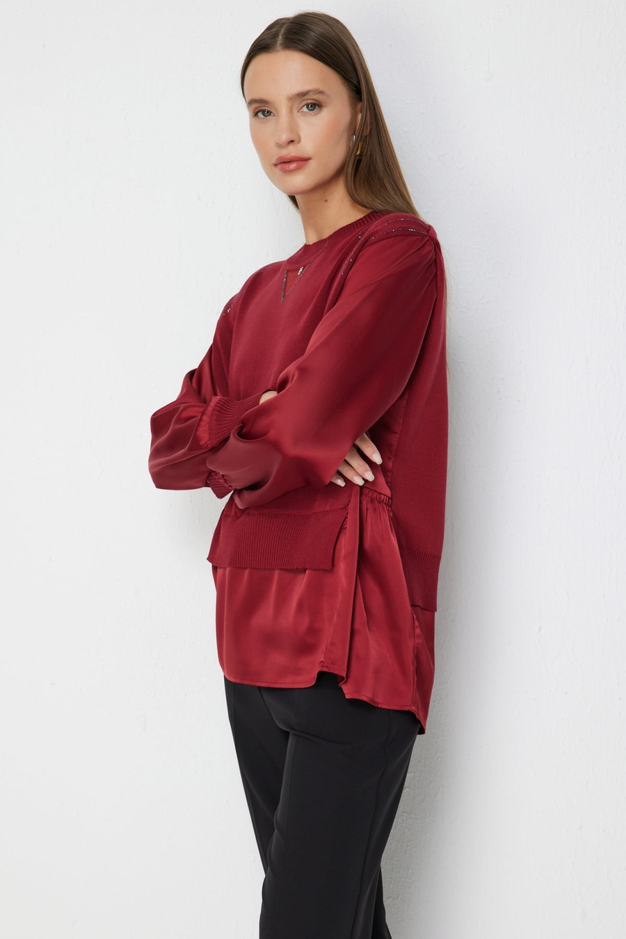 On Taş İşlemeli Mix Kumaşlı Bluz Bordo