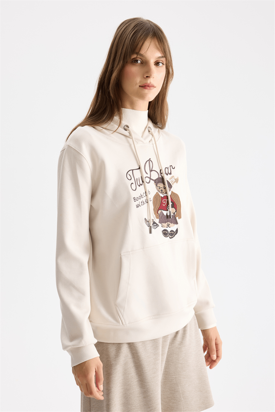 On Ayıcık Baskılı Kapüşonlu Sweatshirt Stone