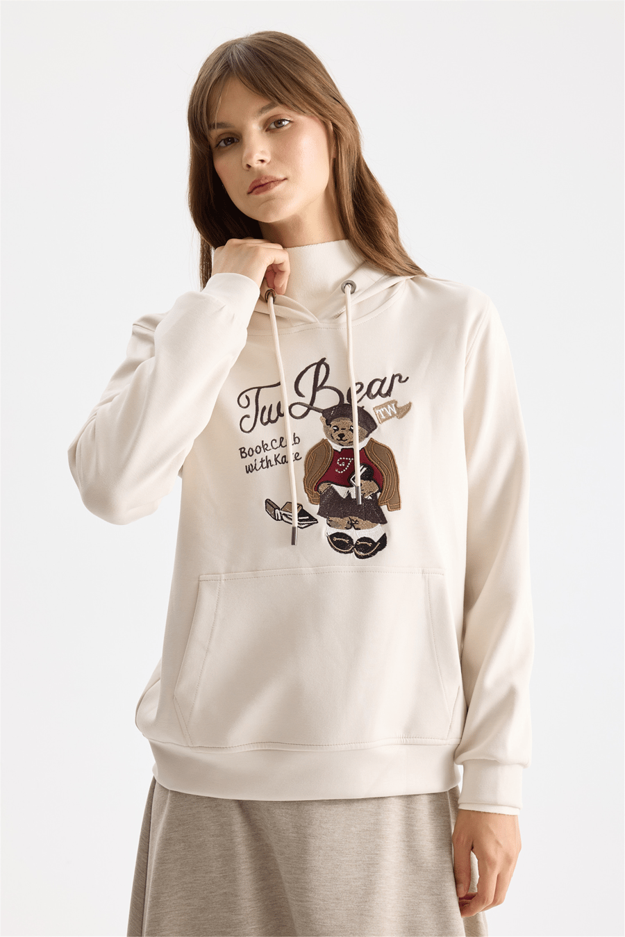 On Ayıcık Baskılı Kapüşonlu Sweatshirt Stone