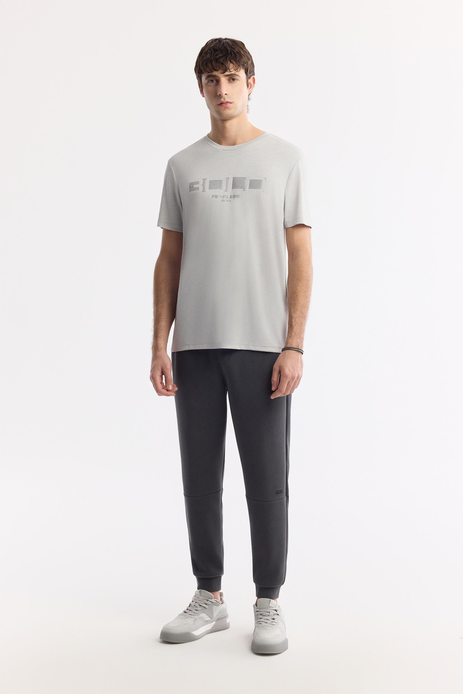 Açık Gri Bisiklet Yaka Baskılı Shoft Touch Flamlı T-Shirt