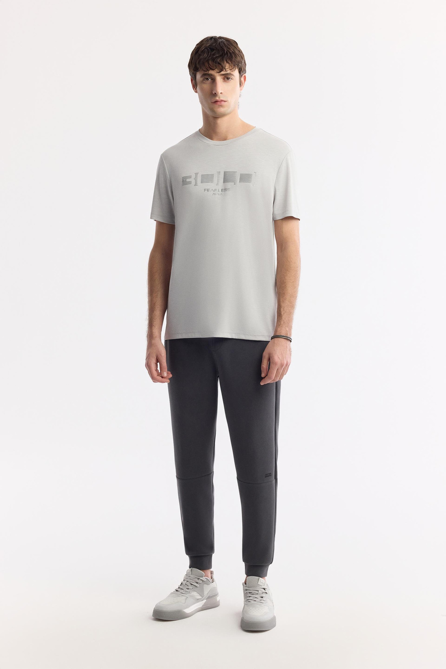 Açık Gri Bisiklet Yaka Baskılı Shoft Touch Flamlı T-Shirt