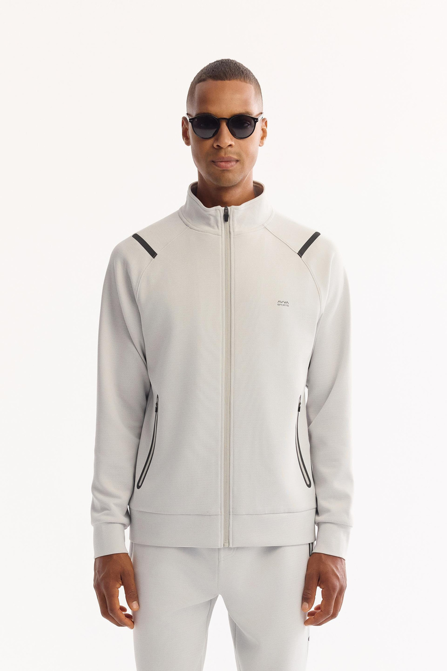 Açık Gri Dik Yaka Fermuarlı Yan Cepli Fermuar  Dokulu İnterlok Hırka