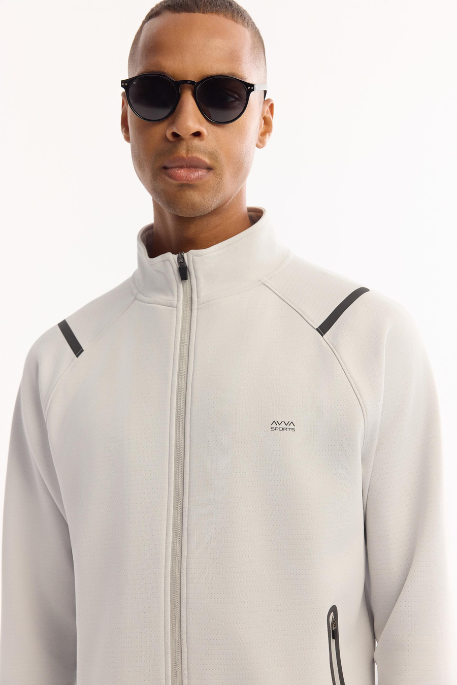 Açık Gri Dik Yaka Fermuarlı Yan Cepli Fermuar  Dokulu İnterlok Hırka