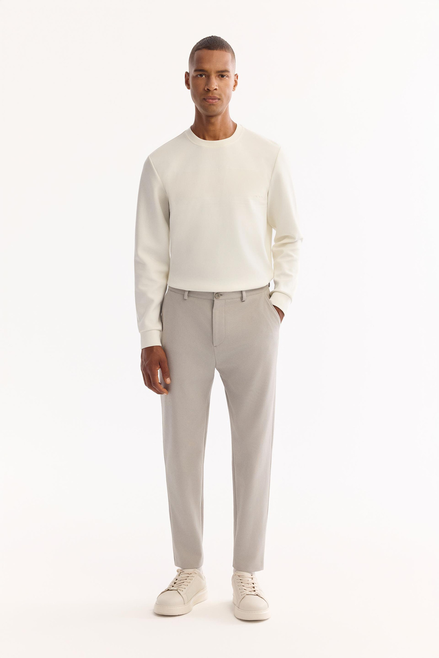 Açık Gri Diyagonal Desenli Carrot Fit Örme Pantolon