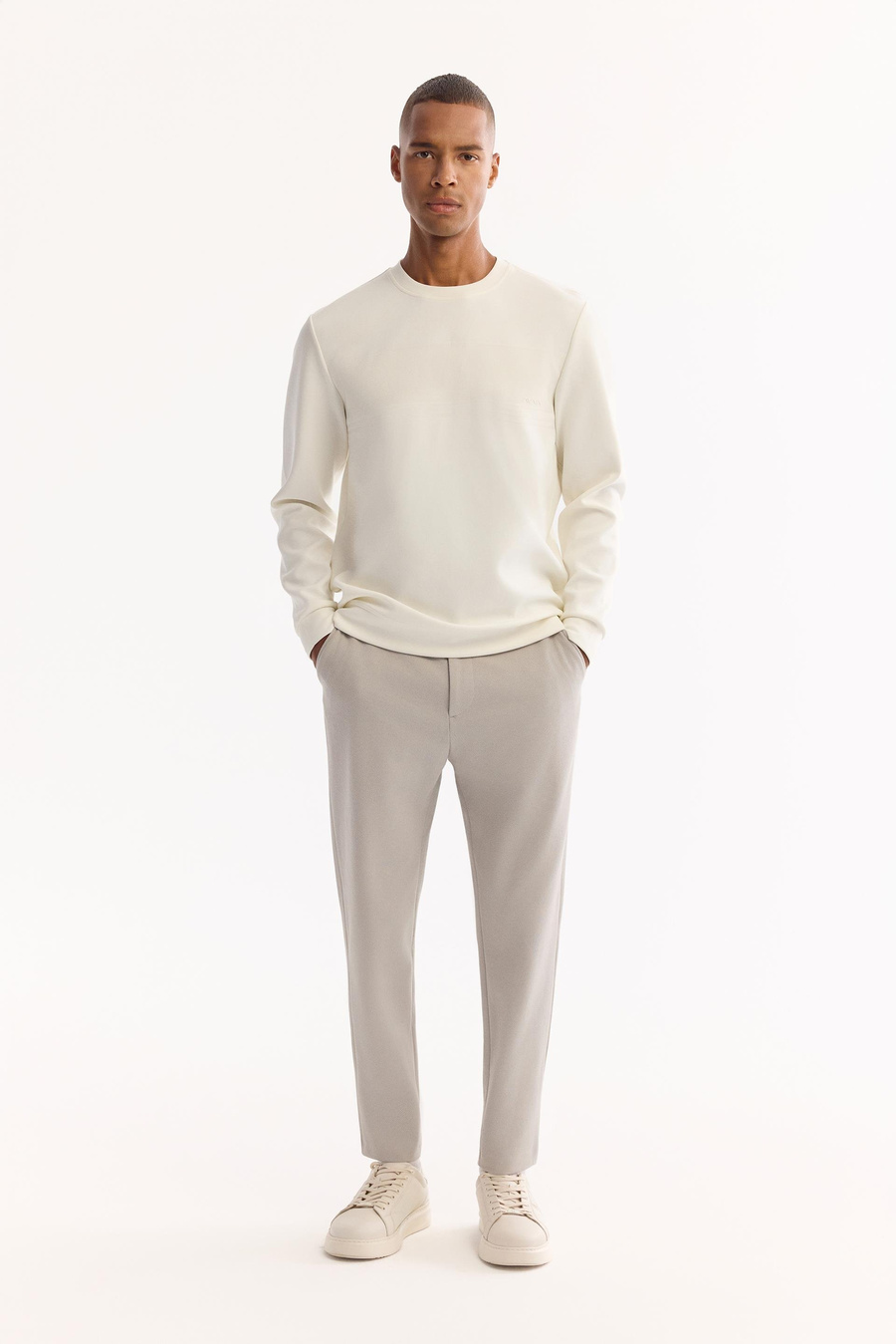 Açık Gri Diyagonal Desenli Carrot Fit Örme Pantolon