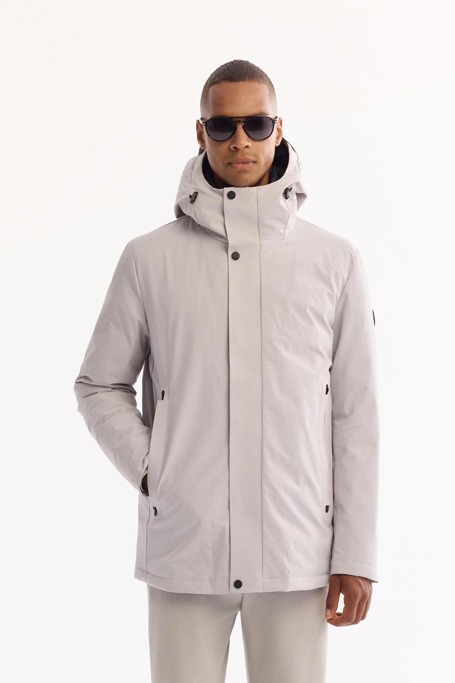 Açık Gri Kapüşonlu Ördek Tüyü Karışımlı Mont