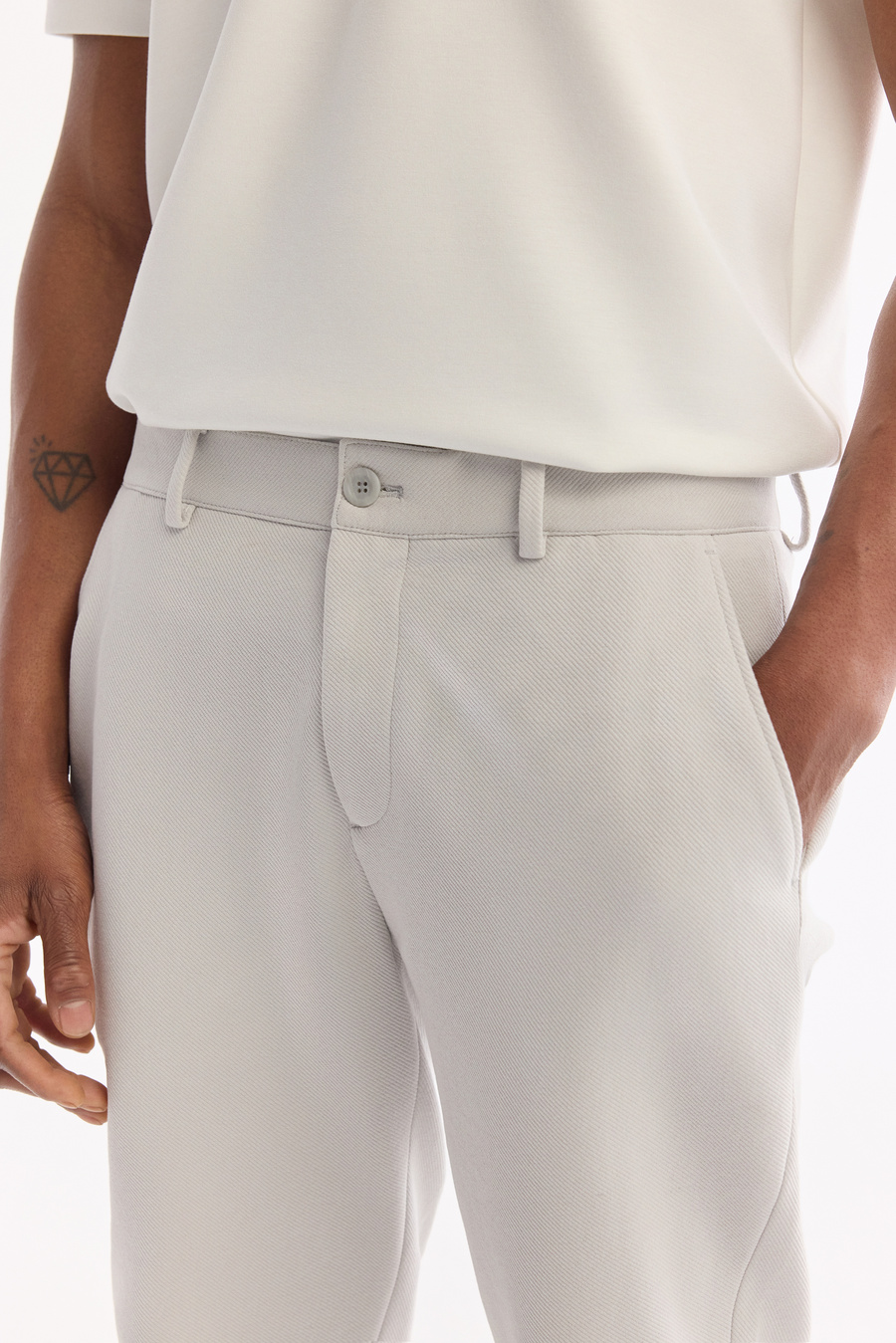 Açık Gri Klasik Bel Örme Diyagonal Relaxed Fit Pantolon