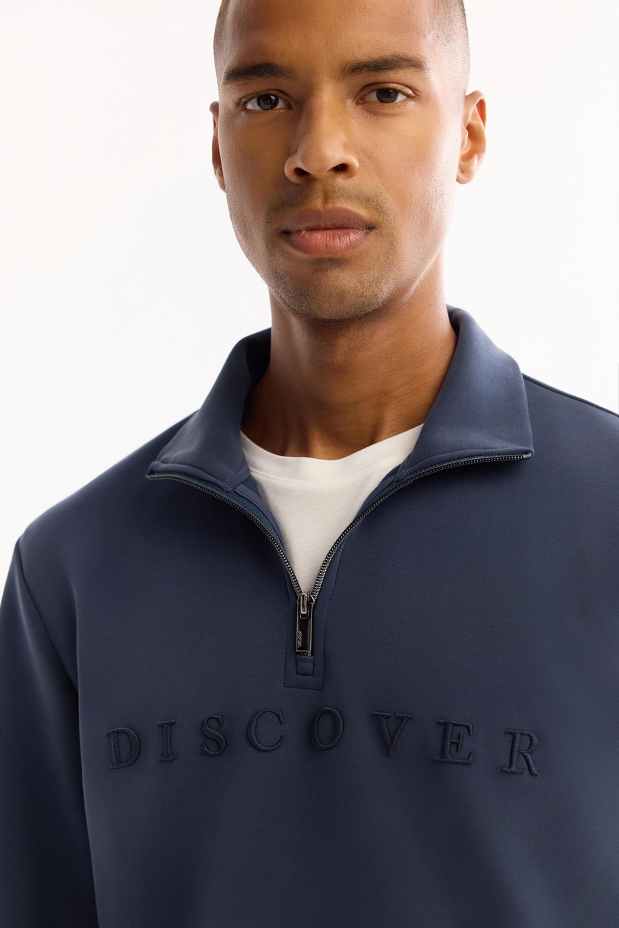 Açık Lacivert Fermuar Dİk Yaka Nakış Baskılı Soft Touch  Sweatshirt