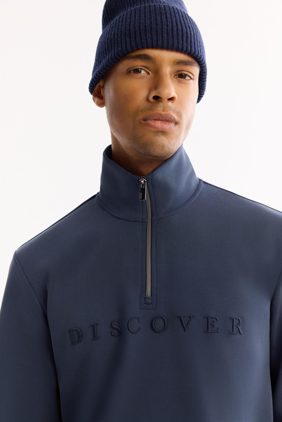 Açık Lacivert Fermuar Dİk Yaka Nakış Baskılı Soft Touch  Sweatshirt