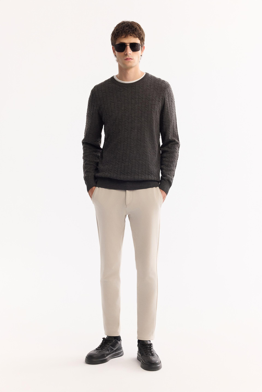 Antrasit Bisiklet Yaka Jakarlı Kazak