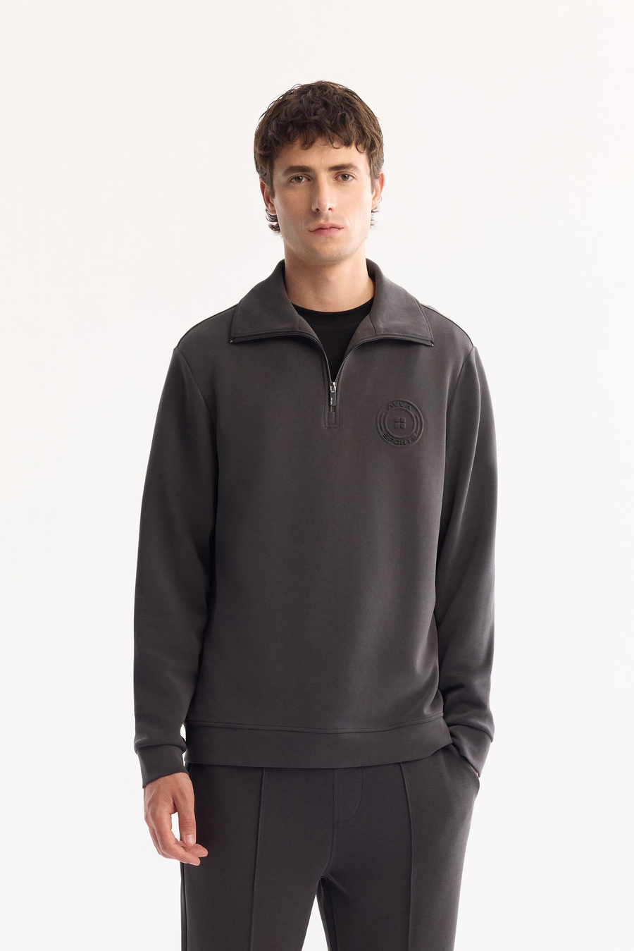 Antrasit Dik Yaka Fermuarlı Göğüs Gofre Baskı Logo Soft Touch Sweatshirt