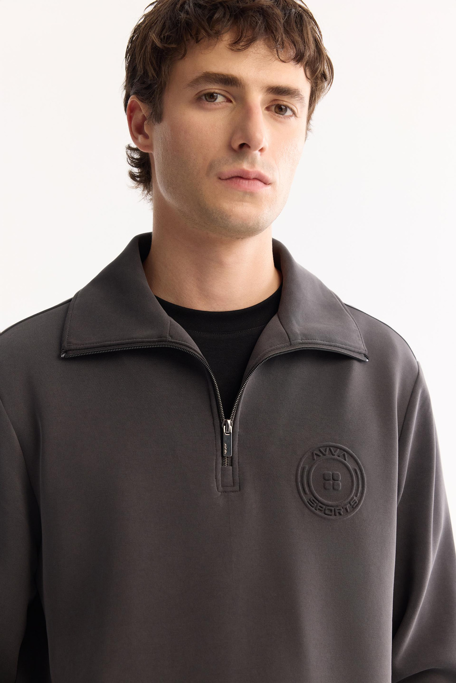 Antrasit Dik Yaka Fermuarlı Göğüs Gofre Baskı Logo Soft Touch Sweatshirt