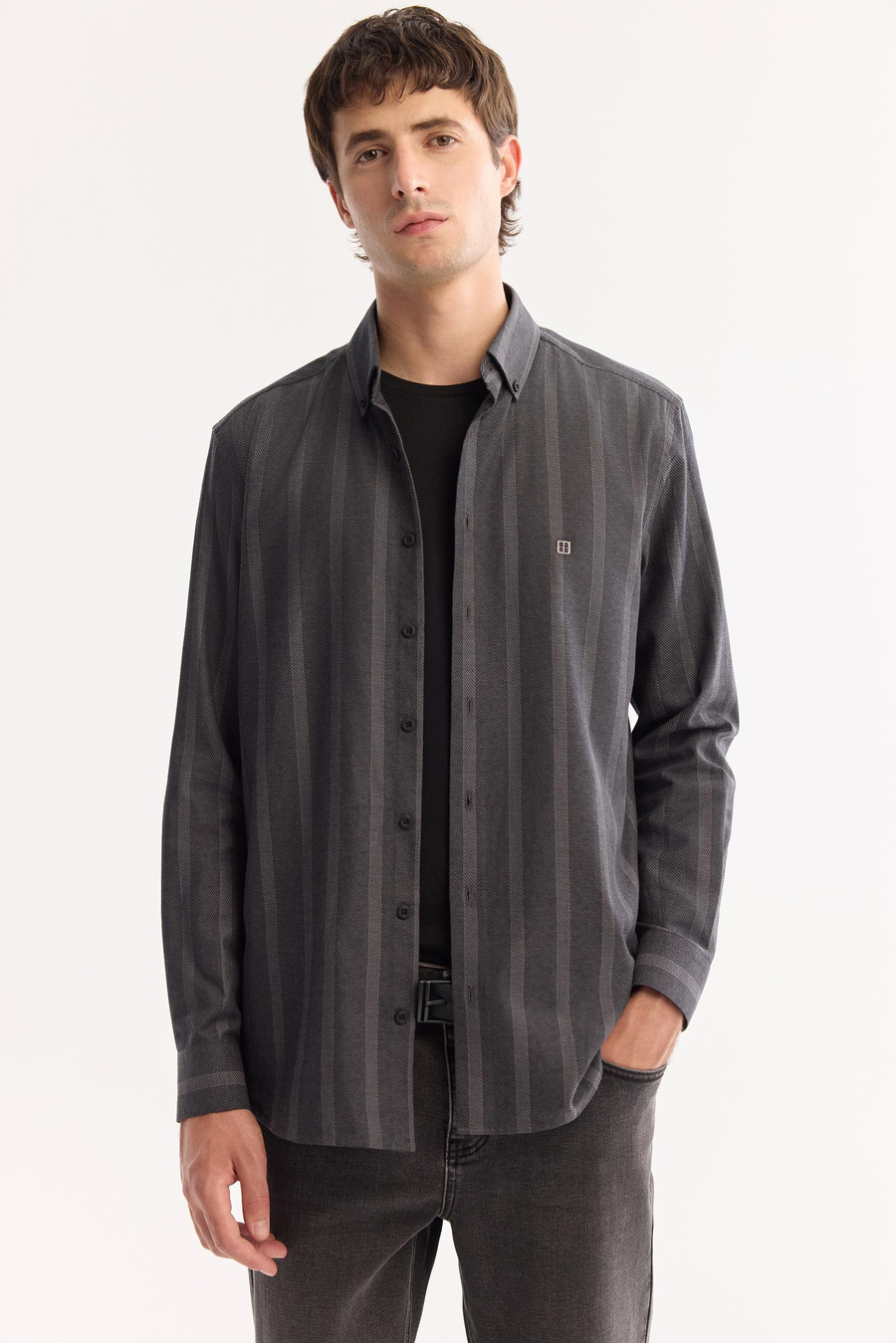 Antrasit Düğmeli Yaka %100 Pamuk Regular Fit Uzun Kollu Gömlek