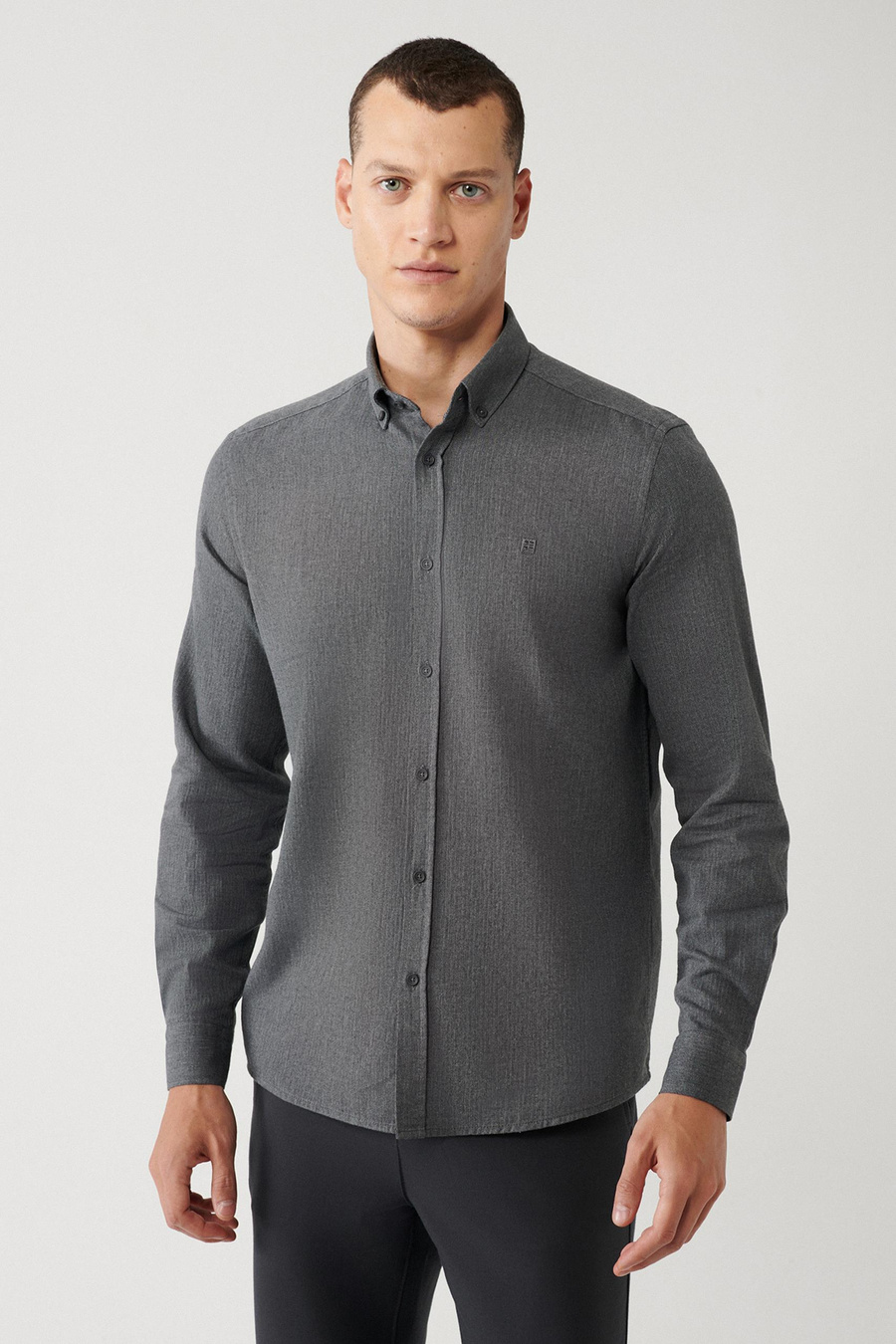 Antrasit Düğmeli Yaka Balıksırtı Flanel Regular Fit Gömlek