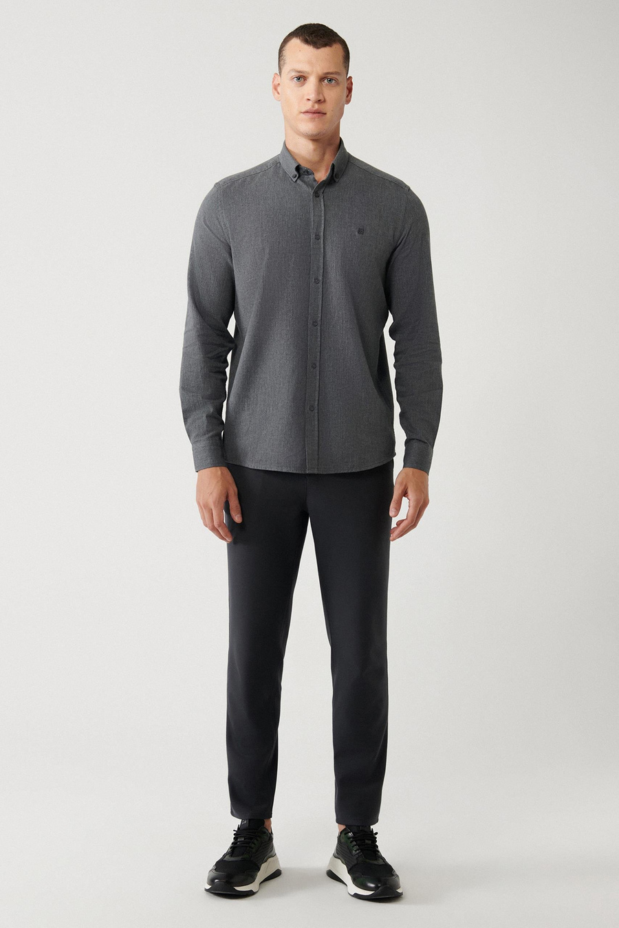 Antrasit Düğmeli Yaka Balıksırtı Flanel Regular Fit Gömlek